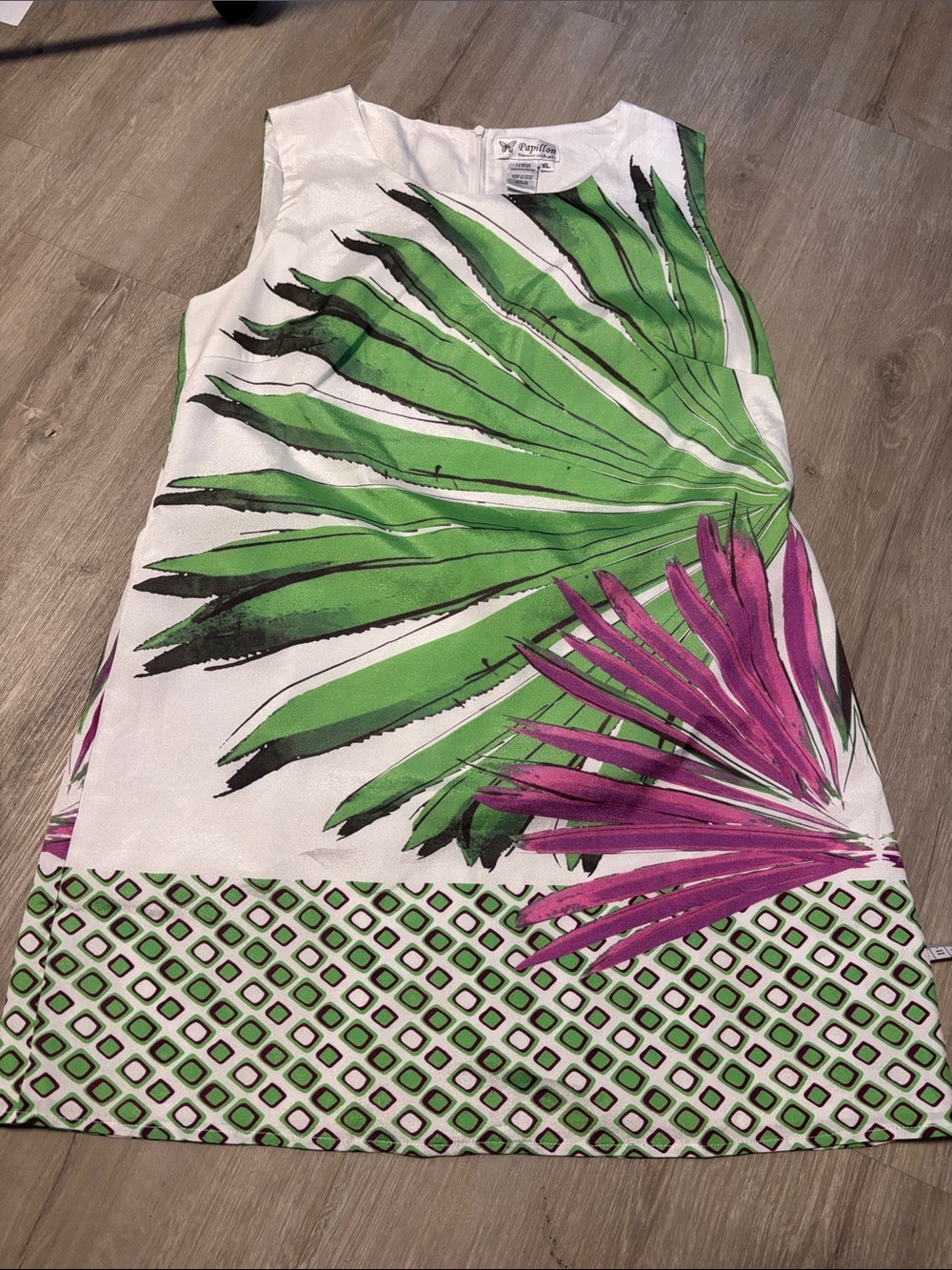 Sleeveless Tropical Palm-Print Shift Dress - White, Green & Pink